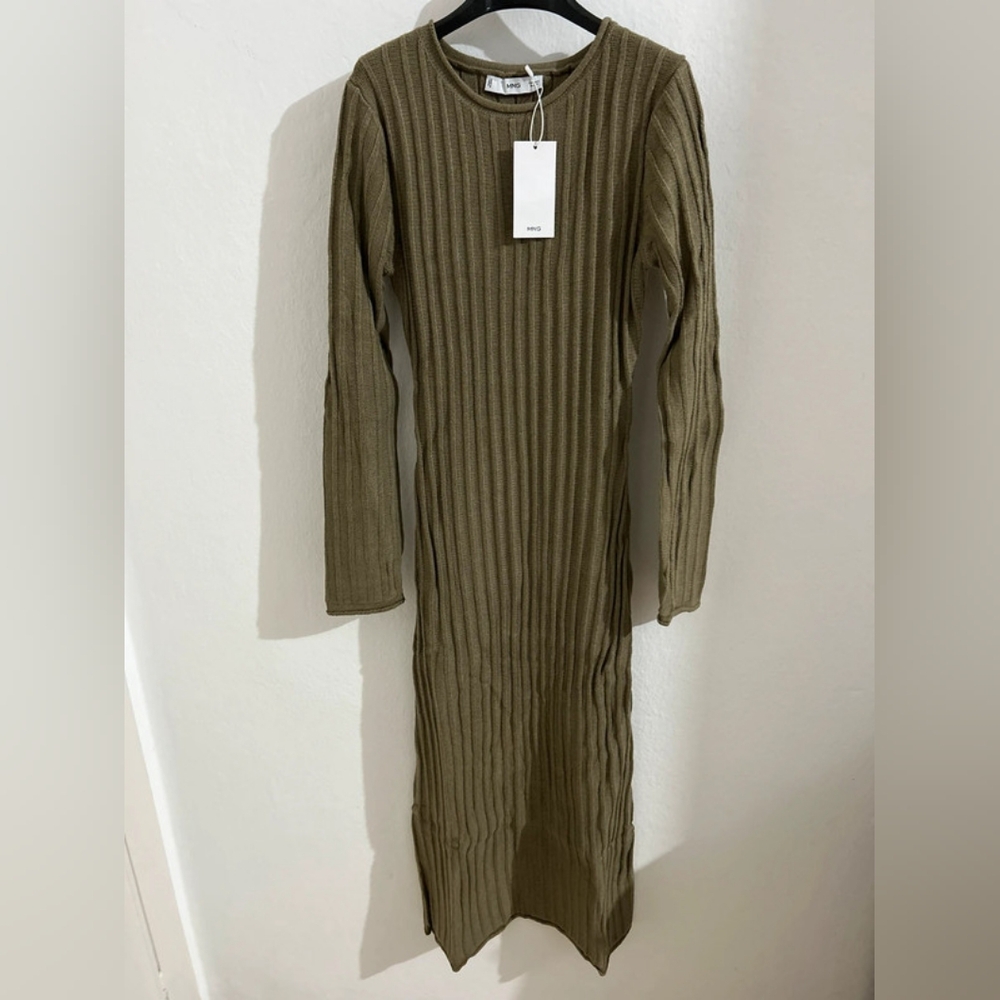 Mango Khaki Ribbed Long Sleeve Dress